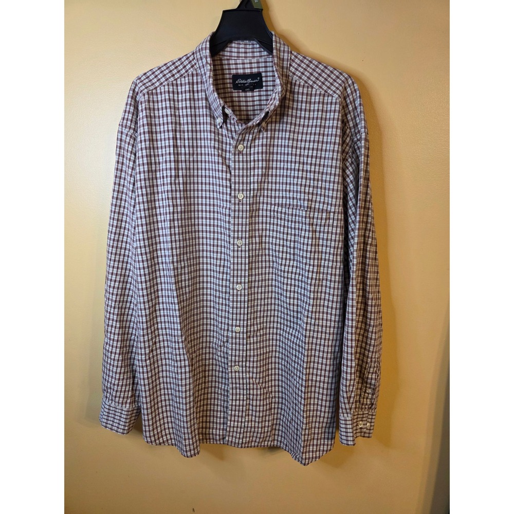 Eddie Bauer Mens XXL Brown White Gingham Plaid Long Sleeve Button Down Shirt